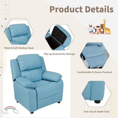 JC Home MACARON Kids Chair Leather Recliner Sofa Toddler Youth Children Child Ages 3-7, Small, Babyblue - LeafyLoom