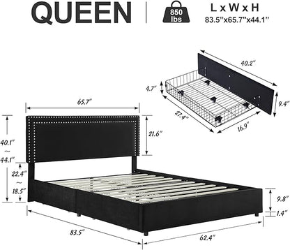 VECELO Queen Size Upholstered Platform Bed Frame with 4 Storage Drawers, Adjustable Velvet Rivets Headboard, Wooden Slats Support, No Box Spring Needed, Easy Assembly - LeafyLoom