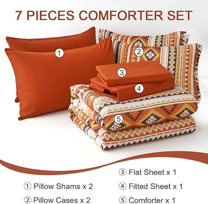 Dinjoy Queen Size Comforter Set Boho,Burn Orange Bed in a Bag Queen Striped Bedding Sets Terracotta Western Comforters with Sheets 7 Pieces Complete Set Aztec for All Seasons 90"x90" - LeafyLoom