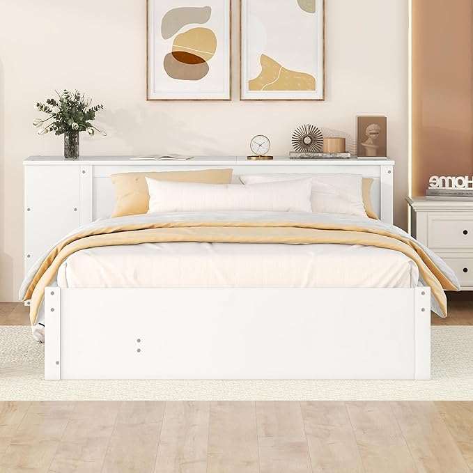 Wood Full Size Platform Bed with Headboard W/Build-in Rolling Desk, Full Bed Frame with Trundle Bed and Storage Drawers for Teens Kids Adults, No Box Spring Needed, White - LeafyLoom