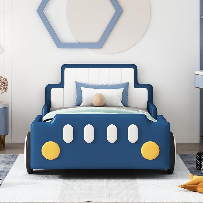 Twin Size Race Car Bed for Kids, PU Car-Shaped Bedframe with Wheels and Side Rails for Boys,Girls, Wood Slat Support, No Box Spring Needed,Blue - LeafyLoom