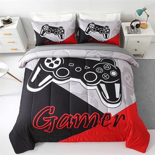 KAKKI 4 Piece Boys Twin Gamer Comforter Set with Sheets, 3D Colorful Video Game Controller Comforter for Kids Teen, All Season Soft Microfiber Gaming Bedding Set(Red,Twin) - LeafyLoom