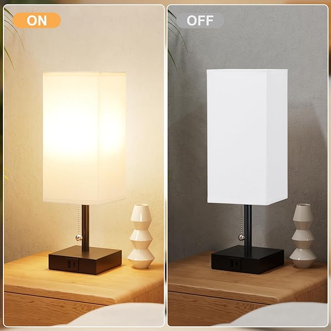 Nightstand Lamps Set of 2 - White, USB A and USB C Charging, Pull Chain Control, Bulb NOT Included, Small - LeafyLoom