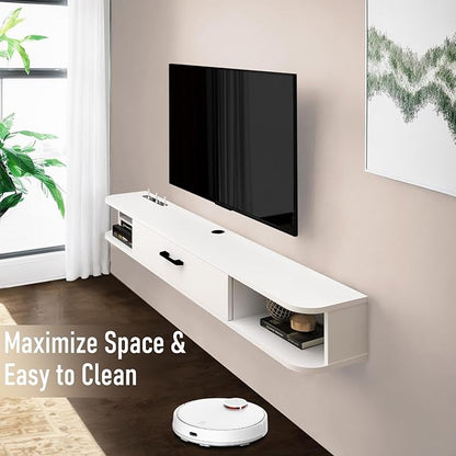 Floating TV Unit, 55'' Wall Mounted TV Cabinet, Floating Shelves with Door, Modern Entertainment Media Console Center Large Storage TV Bench for Living Room & Office (55.12IN, White) - LeafyLoom