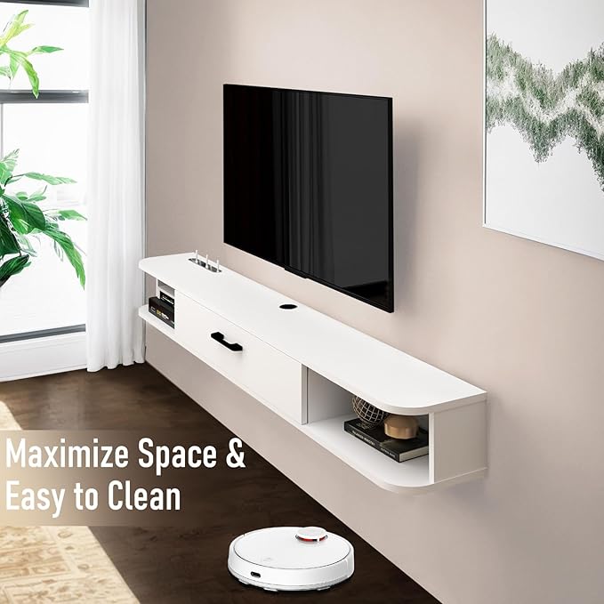 Floating TV Unit, 95'' Wall Mounted TV Cabinet, Floating Shelves with Door, Modern Entertainment Media Console Center Large Storage TV Bench for Living Room & Office (94.49IN, White) - LeafyLoom