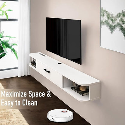 Floating TV Unit, 71'' Wall Mounted TV Cabinet, Floating Shelves with Door, Modern Entertainment Media Console Center Large Storage TV Bench for Living Room & Office (70.86IN, White) - LeafyLoom