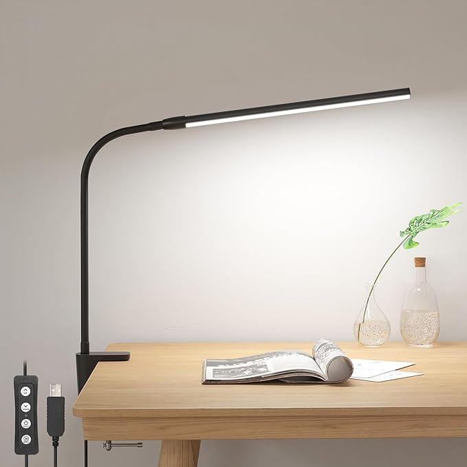 Lepro Clip on Desk Lamp LED Reading light Dimmable USB Small Clamp Lamp with 3 Color Modes 10 Brightness, Adjustable Flexible Gooseneck Table Light for Bed Headboard, Nail, Home Office,Computer(Black) - LeafyLoom