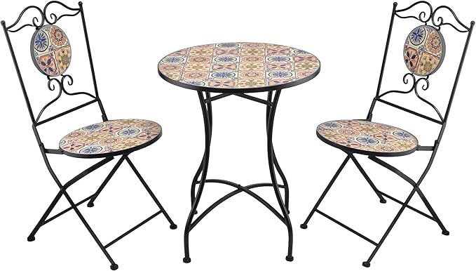 Alpine Corporation Indoor/Outdoor Mediterranean Tile Design Set Table and Chairs Patio Seating - LeafyLoom