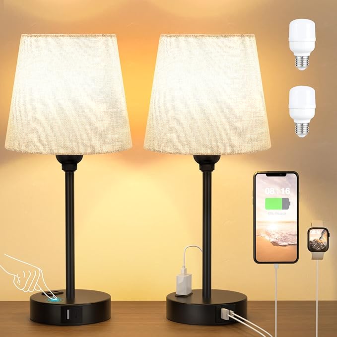 Grey Bedside Lamps for bedrooms Set of 2 - Nightstand Bedroom Lamp with USB C Port and AC Outlet Charging, 3 Way Dimmable Touch Control Small Bed Side Table Lamp, Night Stand Light for Kids/Guest Room - LeafyLoom