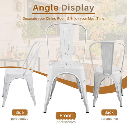 Furmax Metal Dining Chair Indoor Outdoor Use Stackable Chic Side Classic Trattoria Metal Chairs Set of 4 for Kitchen, Dining Room, Bistro and Cafe (Distressed White) - LeafyLoom