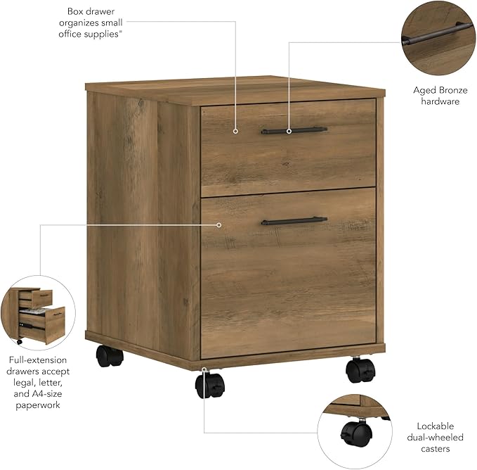 Bush Furniture Key West 2 Drawer Rolling File Cabinet in Reclaimed Pine Mobile Organization for Home Office Small Under Desk Storage on Wheels - LeafyLoom