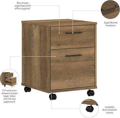 Bush Furniture Key West 2 Drawer Rolling File Cabinet in Reclaimed Pine Mobile Organization for Home Office Small Under Desk Storage on Wheels - LeafyLoom