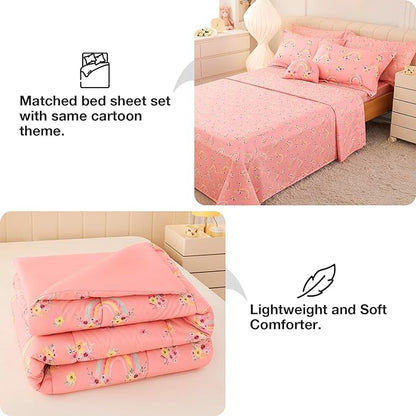 Mooreeke Twin Size Comforter Sets for Girls Kids, 6 Pieces Bed in a Bag Pink Rainbow Flowers Bedding Comforter Sheet Set with Shams and Decorative Toy Pillow, Ultral Soft Microfiber Kids Bed Set - LeafyLoom