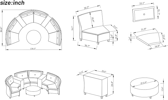 9 Pieces Outdoor Furniture Half Moon Wicker Patio Sets with Coffee Table, All-Weather Fan-Shaped Curved Sectional Sofa Couch with Beige Cushions, Onesize, Gray Rattan - LeafyLoom