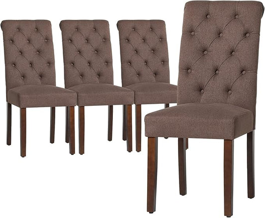 COLAMY Button Tufted Dining Chairs Set of 4, Parsons Upholstered Fabric Dining Room Chairs Kitchen Chairs with Wood Legs and Padded Seat, Brown - LeafyLoom