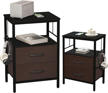 Nightstands set 2 for Bedroom Decor, Bedside Table with Charging Station, Night Stands with Fabric Drawers and Open Shelf, Side Table with USB Ports & Outlets (Black,2) - LeafyLoom