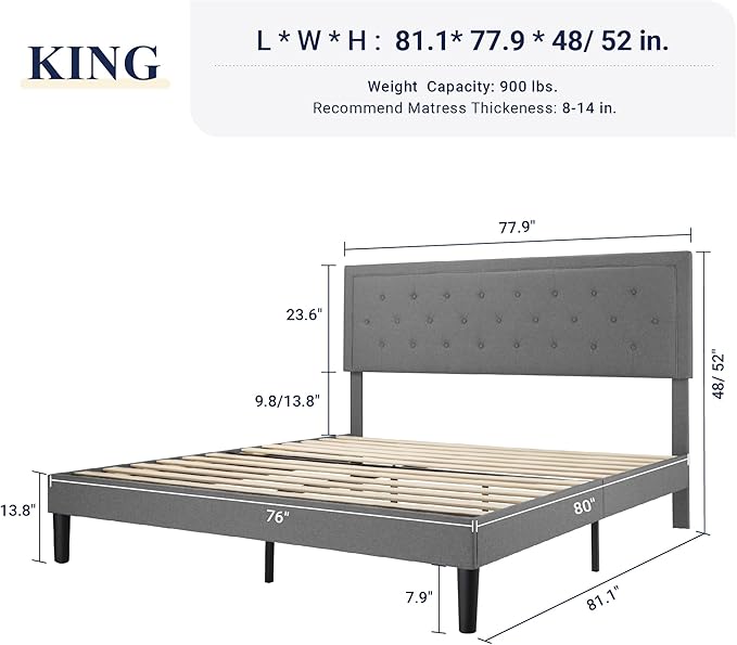 Allewie King Size Bed Frame Upholstered Platform Bed with Adjustable Headboard, Button Tufted, Wood Slat Support, Easy Assembly, Light Gray - LeafyLoom