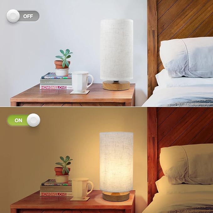 Small Bedside Table Lamp with 3 Color Temperatures, Minimalist Dimmable Nightstand Lamp with Round Fabric Linen Shade, Desk Lamp for Study Reading, Night Lamp for Living Room,Bedroom,Office,Dorm - LeafyLoom