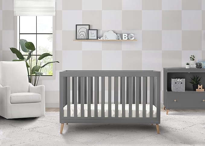 Delta Children Essex 4-in-1 Convertible Baby Crib, Grey with Natural Legs + Delta Children Twinkle Galaxy Dual Sided Recycled Fiber Core Crib and Toddler Mattress (Bundle) - LeafyLoom