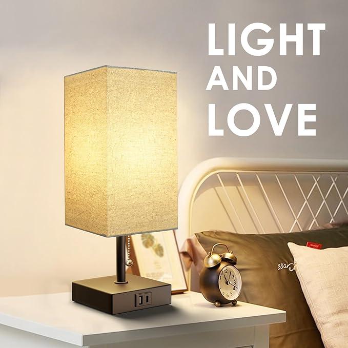 Bedside Lamp for Bedroom with USB Port, Beige Table Lmp with USB C + A Charging Ports, Pull Chain Nightstand Lamp with Fabric Shade for Living Room, Dorm, Home Office (LED Bulb Included) - LeafyLoom