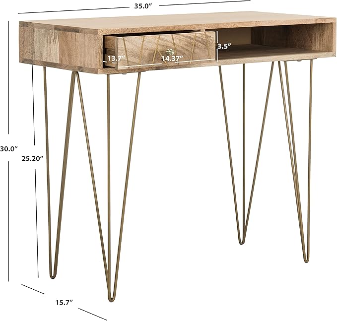 Safavieh Home Office Marigold Modern Natural and Brass 1-drawer Hairpin Leg Desk - LeafyLoom