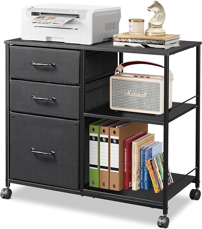 DEVAISE 3 Drawer Mobile File Cabinet, Rolling Printer Stand with Open Storage Shelf, Fabric Lateral Filing Cabinet fits A4 or Letter Size for Home Office, Black - LeafyLoom