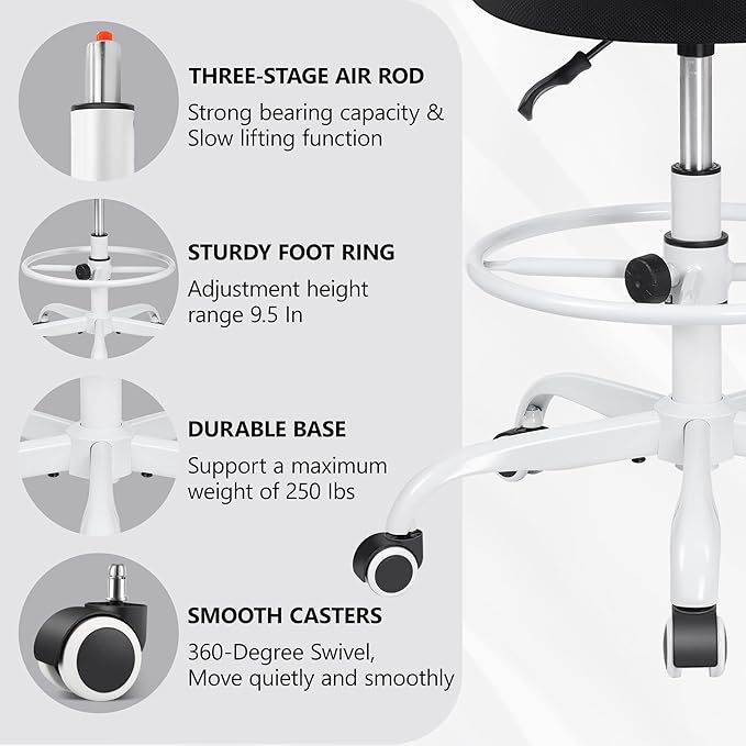 Primy Office Drafting Chair Armless, Tall Office Desk Chair Adjustable Height and Footring, Mid-back Ergonomic Standing Desk Chair Mesh Rolling Tall Chair for Art Room, Office or Home(White) - LeafyLoom