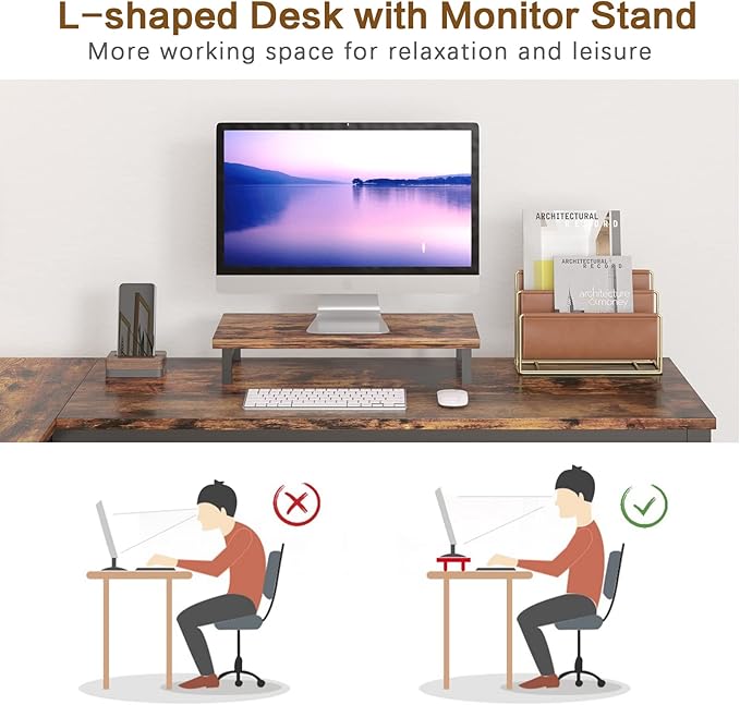 Computer Desk, L Shaped Desk with Large Desktop, Corner Desk with Monitor Stand PC Laptop Table Computer Workstation for Home Office (Rustic Brown) - LeafyLoom