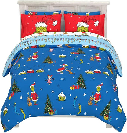 Franco Grinch by Dr. Seuss Holiday & Christmas Bedding Super Soft Comforter and Sheet Set with Sham, 7 Piece Full Size (Official Dr. Seuss product) - LeafyLoom