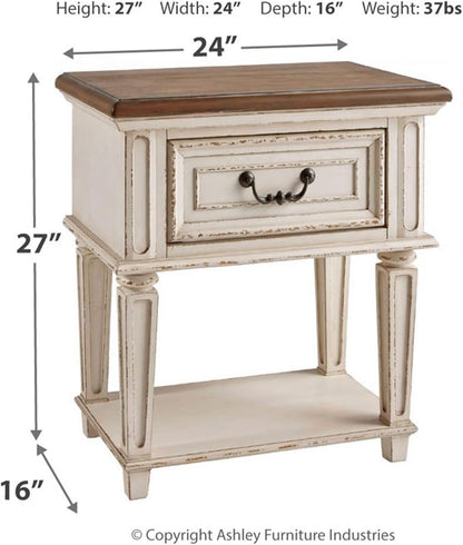 Signature Design by Ashley Realyn Traditional Cottage 1 Drawer Nightstand with Dovetail Construction & Open Display Shelf, Chipped White, Distressed Brown - LeafyLoom