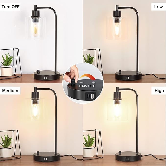 Industrial Table Lamp with 2 USB Charging Ports, Fully Stepless Dimmable Modern Nightstand Lamp, Glass Shade Bedside Desk Lamp for Bedroom Living Room Office, 6W 2700K LED Edison Bulb Included - LeafyLoom