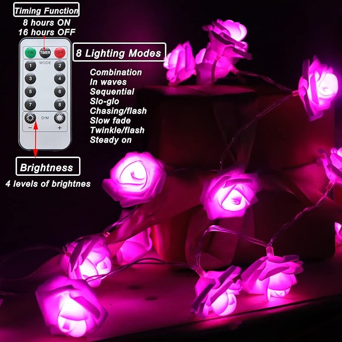 30 LED Pink Lights Valentines Day Decorations, Valentines Day Gifts 10.3Ft 8 Modes Rose Lights String Battery Operated with Remote Flower Lights for Bedroom Wedding Party Mothers Day Christmas Decor - LeafyLoom