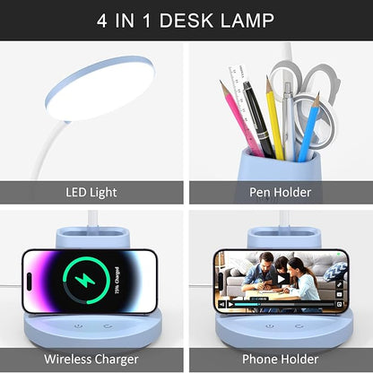 LED Desk Lamp with Wireless Charger for Home Office, Small with Pen Holder, 800LM,3 Color Modes,Gooseneck, Eye-Caring White Desk Lamps for Home College Dorm Room,Blue - LeafyLoom