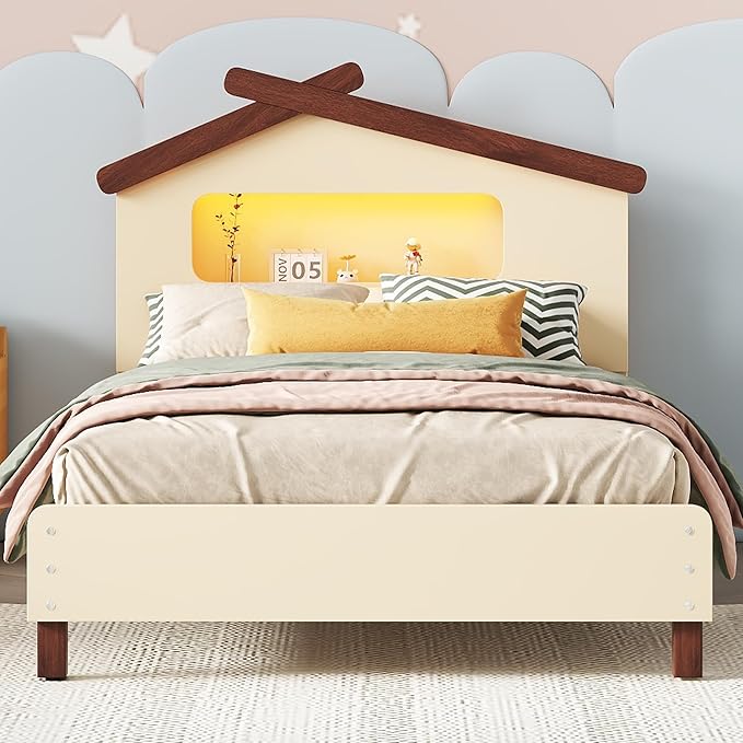 Bellemave Twin Size Cream Wood Kids Bed Frame, House-Shaped Headboard with Motion Activated Night Lights, Sturdy Construction, Easy Assembly, 200 lbs Capacity - LeafyLoom