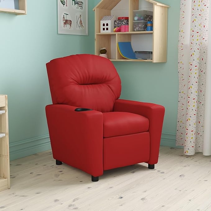 Flash Furniture Chandler Vinyl Kids Recliner with Cup Holder and Safety Recline, Contemporary Reclining Chair for Kids, Supports up to 90 lbs., Red - LeafyLoom