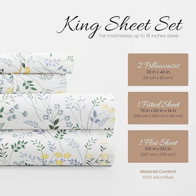 Linen Market 4 Piece King Bedding Sheet Set (Light Blue Floral) - Sleep Better Than Ever with These Ultra-Soft & Cooling Bed Sheets for Your King Size Bed - Deep Pocket Fits 16" Mattress - LeafyLoom