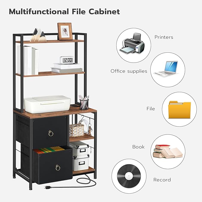 HOOBRO File Cabinet, Filing Cabinet with Charging Station, office cabinet with Bookshelf and Open Storage Shelf, for Home Office, A4/Letter Size, Nonwovens Drawer, Black and Rustic Brown BFK70UWJ01 - LeafyLoom