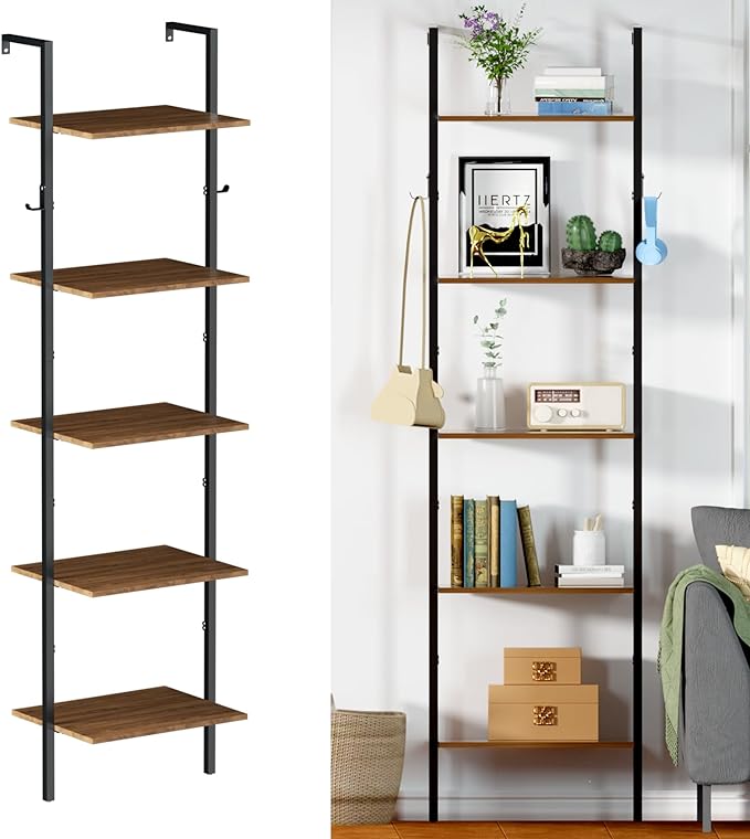 5 Tier Ladder Shelf with 2 Hooks, Modern Metal Wood Bookcase Shelf, Wall Mounted Bookshelf, Standing Display Storage Organizer for Home, Office, Kitchen, Living Room, Bedroom - LeafyLoom