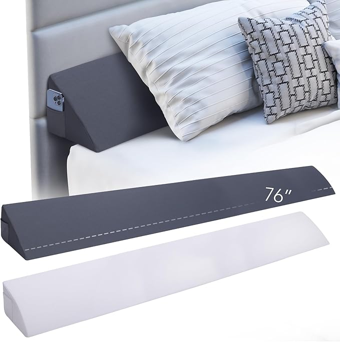 King Size (76"x10"x6") Bed Wedge Pillow, Headboard Pillow Wedge, Mattress Wedge, Bed Gap Filler, Memory Foam Bed Wedge with 2 Removable Washable Covers, Gray/White - LeafyLoom