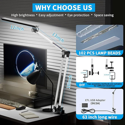 LED Desk Lamp,Swing arm with clamp11W,10 Color Modes Touch Control,Table Lamps with 10 Levels Brightness,Reading Desk Lamps 360 Degree Spin with USB Adapter & Memory Function Silver - LeafyLoom