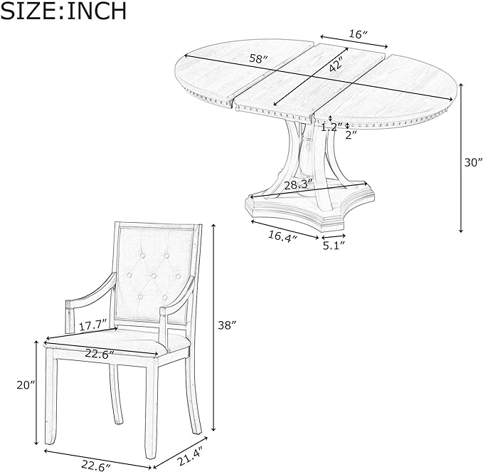 5-Piece Retro Elegant Extendable Round Dining Table Set with 4 Curved Armrest Upholstered Chairs for Kitchen, Breakfast Nook, Living Room, Oak, 42"-58" L x 42" W x 30" H, Black(Armchairs) - LeafyLoom