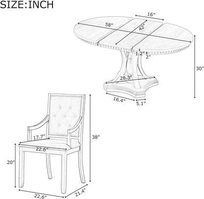 5-Piece Retro Elegant Extendable Round Dining Table Set with 4 Curved Armrest Upholstered Chairs for Kitchen, Breakfast Nook, Living Room, Oak, 42"-58" L x 42" W x 30" H, Black(Armchairs) - LeafyLoom