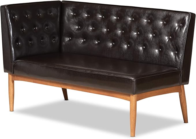 Baxton Studio Riordan Mid-Century Modern Dark Brown Faux Leather Upholstered and Walnut Brown Finished Wood 2-Piece Dining Nook Banquette Set - LeafyLoom