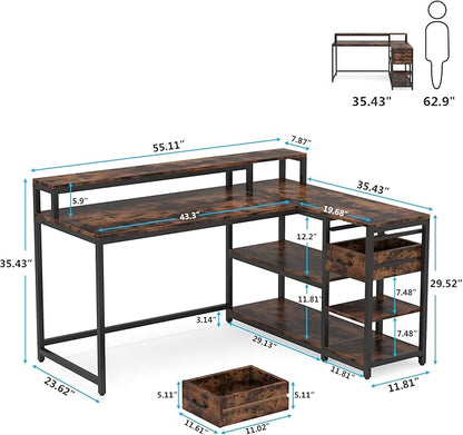 Reversible L-Shaped Computer Desk with hutch & Shelf,rustic - LeafyLoom