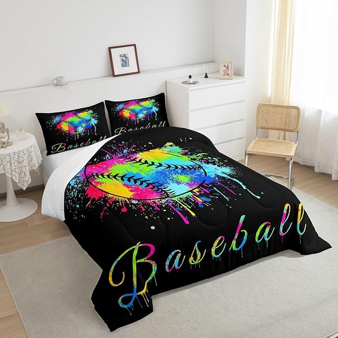 Feelyou Kids Baseball Comforter Set King Size Sports Game Bedding Set for Boys Girls Teens Bedroom Decor Baseball Gaming Comforter Women Men Tie Dye Duvet Set with 2 Pillow Case - LeafyLoom