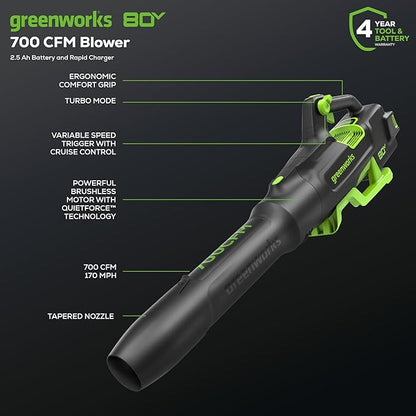 Greenworks 80V 700 CFM Cordless Leaf Blower, 2.5Ah Battery and 45 Minute Rapid Charger - LeafyLoom