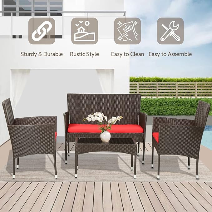 FDW 4 Pieces Wicker Patio Conversation Set Patio Furniture Set with Rattan Chair Loveseats Coffee Table for Outdoor Indoor Garden Backyard Porch Poolside Balcony,Brown Wicker/Red Cushions - LeafyLoom