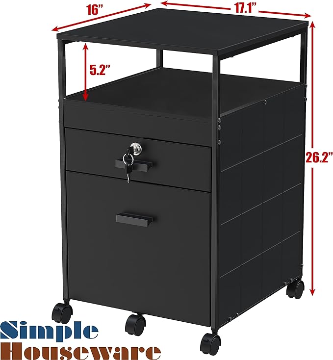 SHW Rolling File Cabinet w/ 2 Drawers & Open Shelf, Black - LeafyLoom