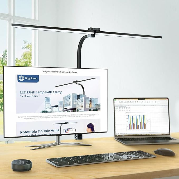 Brightown LED Desk Lamp for Office Home, 24W Double Head Architect Desk Lamp with Clamp, Remote Control, Hand Sweep Switch, Stepless Lighting, Flexible Gooseneck Dimming Table Light - LeafyLoom