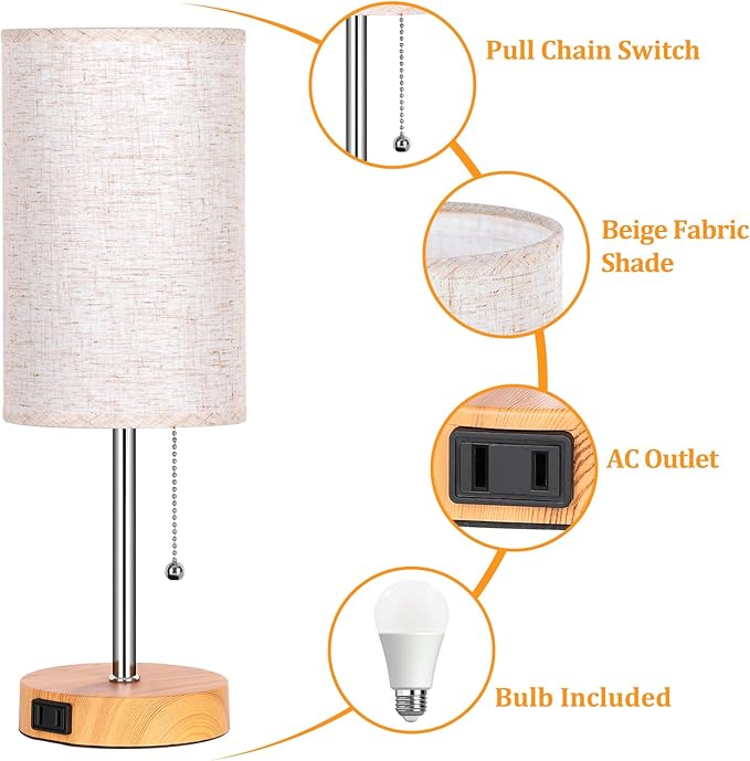 Dott Arts Table Lamp for Bedroom, 3-Color Bedside Lamps with Pull Chain, Bedroom Table Lamps for Nightstand,Small Lamp for Living Room, Bulb Included Oatmeal - LeafyLoom